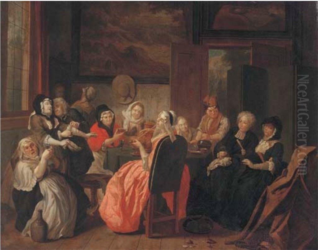 Merry company drinking and smoking in an interior Oil Painting by Joseph van Aken