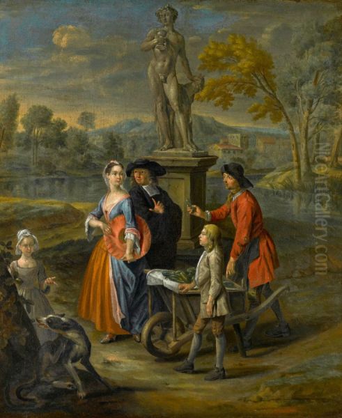 Vegetable seller by a statue of Bacchus Oil Painting by Joseph van Aken