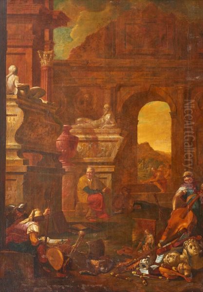 a philosopher among ruins with musical instruments and breast plates, helmet and a drum Oil Painting by Hendrick Govaerts