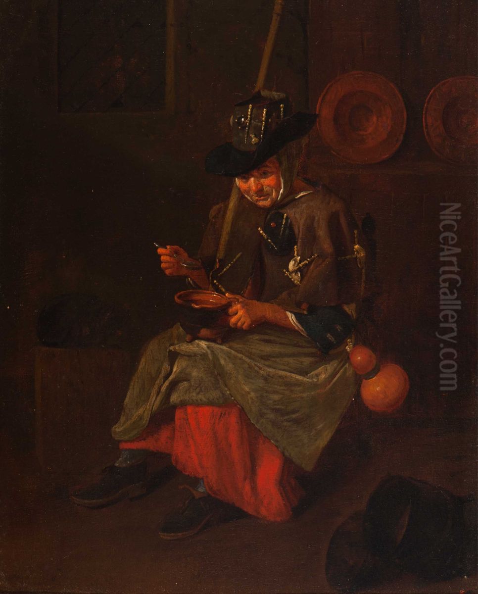 Woman eating soup in an interior Oil Painting by Hendrick Govaerts Woman eating soup in an interior Oil Painting by Hendrick Govaerts