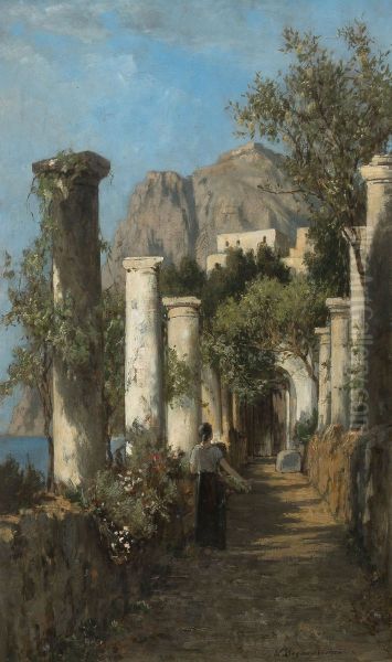 Woman on a path lined with ancient columns Oil Painting by Luise Begas-Parmentier