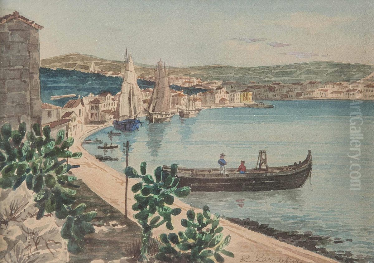 Coastal landscape with a small port town Oil Painting by Luise Begas-Parmentier
