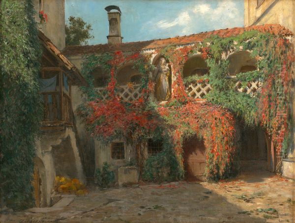 Mit wildem Wein umrankter Laubengang eines Sudtiroler Gehofts Oil Painting by Luise Begas-Parmentier