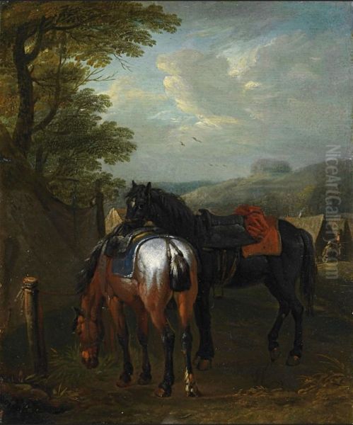 Two horses without saddles at a watering place Oil Painting by Pieter van Bloemen
