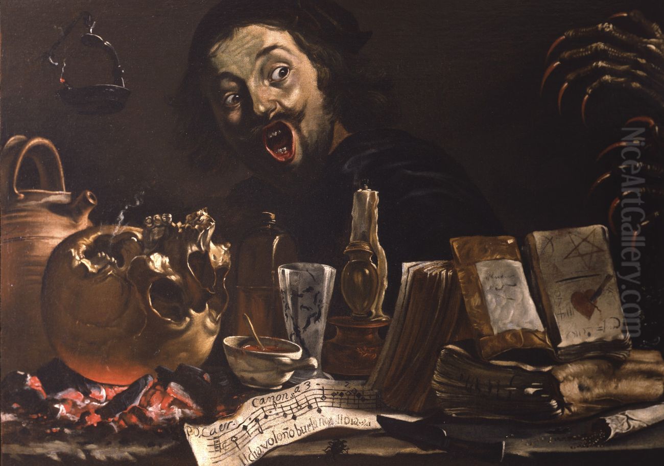 Self-Portrait with Magic Scene Oil Painting by Pieter van Laer