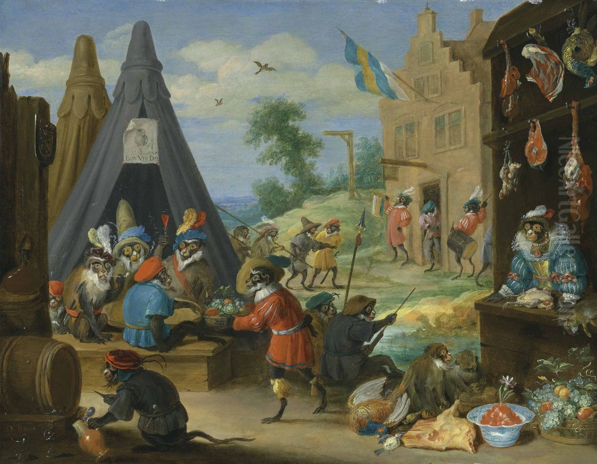 A festival of monkees (Monkeys dressed as soldiers in an encampment near a town) Oil Painting by David Teniers the Younger