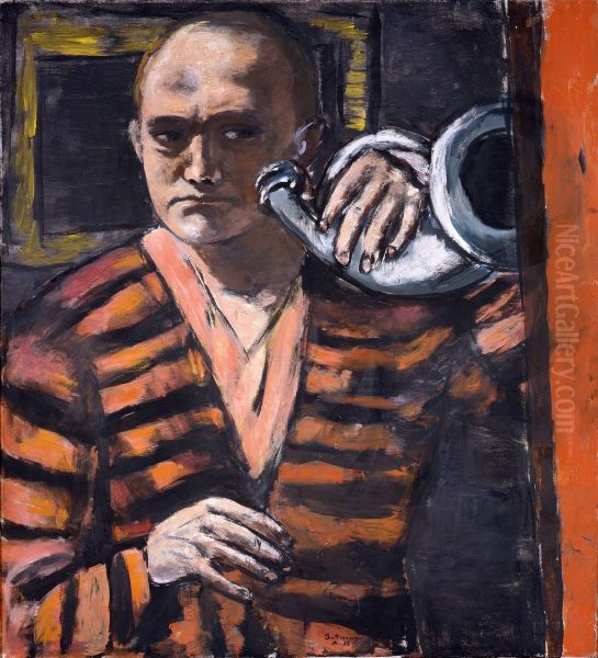 Self-Portrait with Horn Oil Painting by Max Beckmann