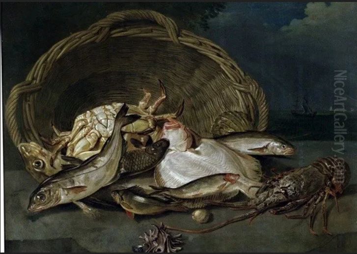 Wonders of the Deep, Still life of fish spilling out of an upturned basket onto a ledge Oil Painting by Arnoldus van Haecken
