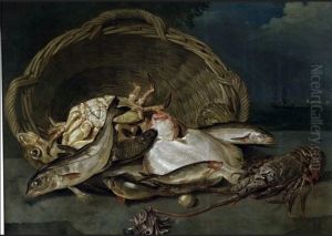 Wonders of the Deep, Still life of fish spilling out of an upturned basket onto a ledge
