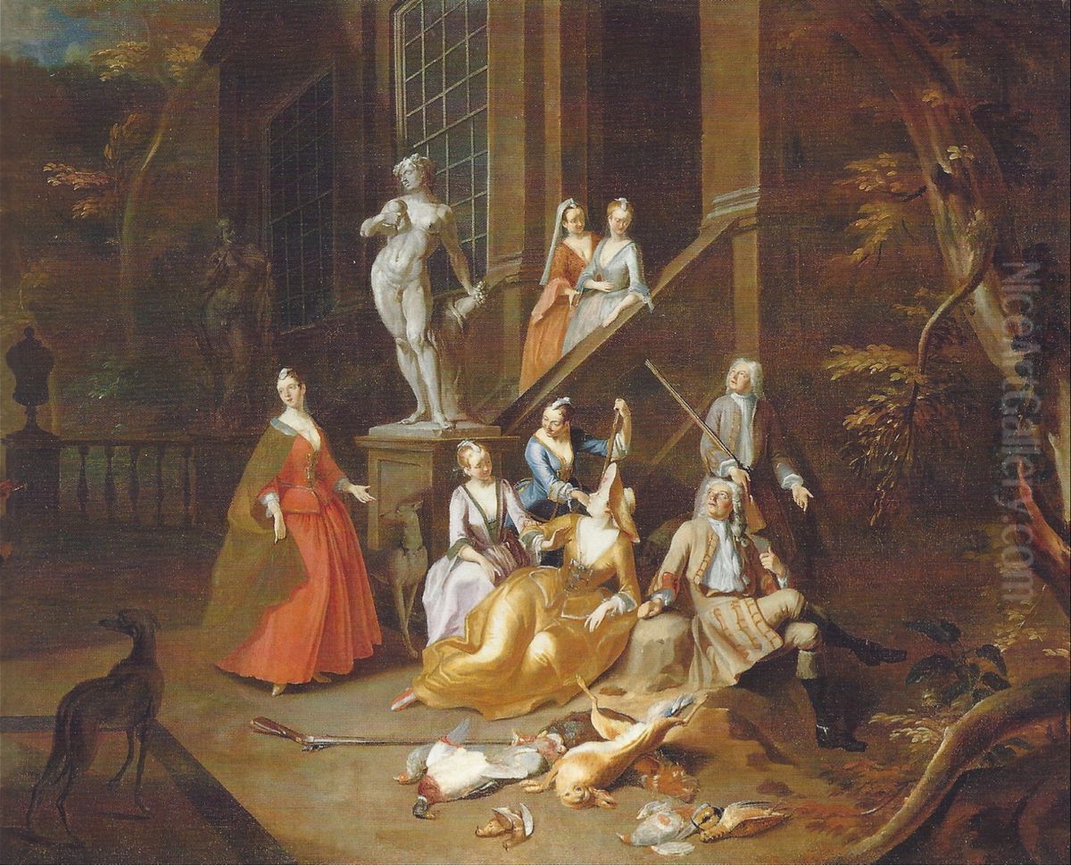 Portrait group of an elegant hunting party, resting before a house Oil Painting by Arnoldus van Haecken