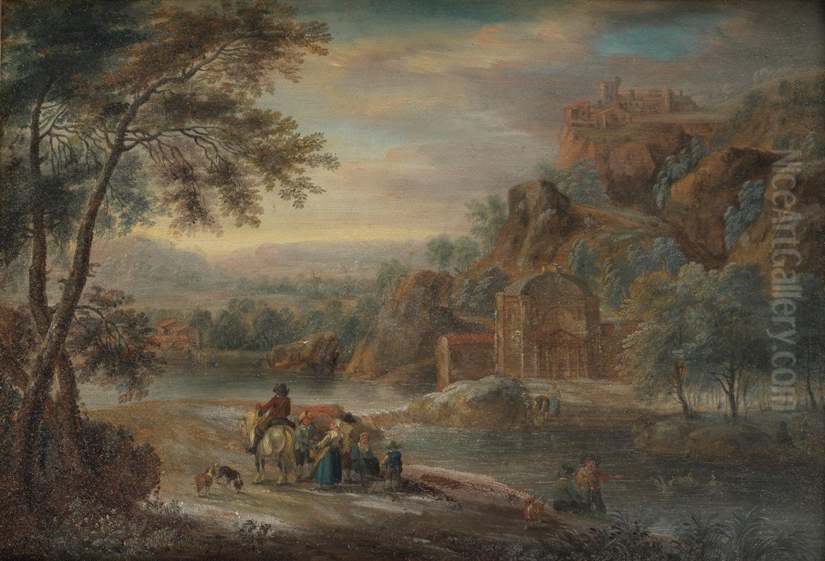Mountainous river landscape with figures on a path Oil Painting by Andreas Martin