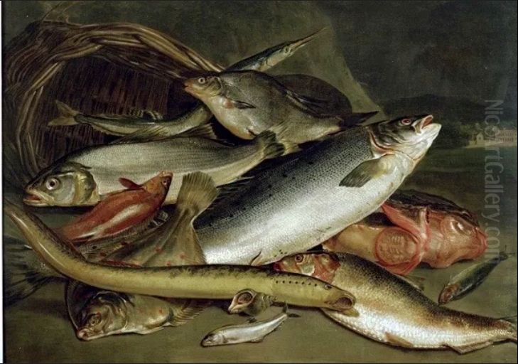 Still life of pile of fish lying on rocks, upturned basket behind Oil Painting by Arnoldus van Haecken