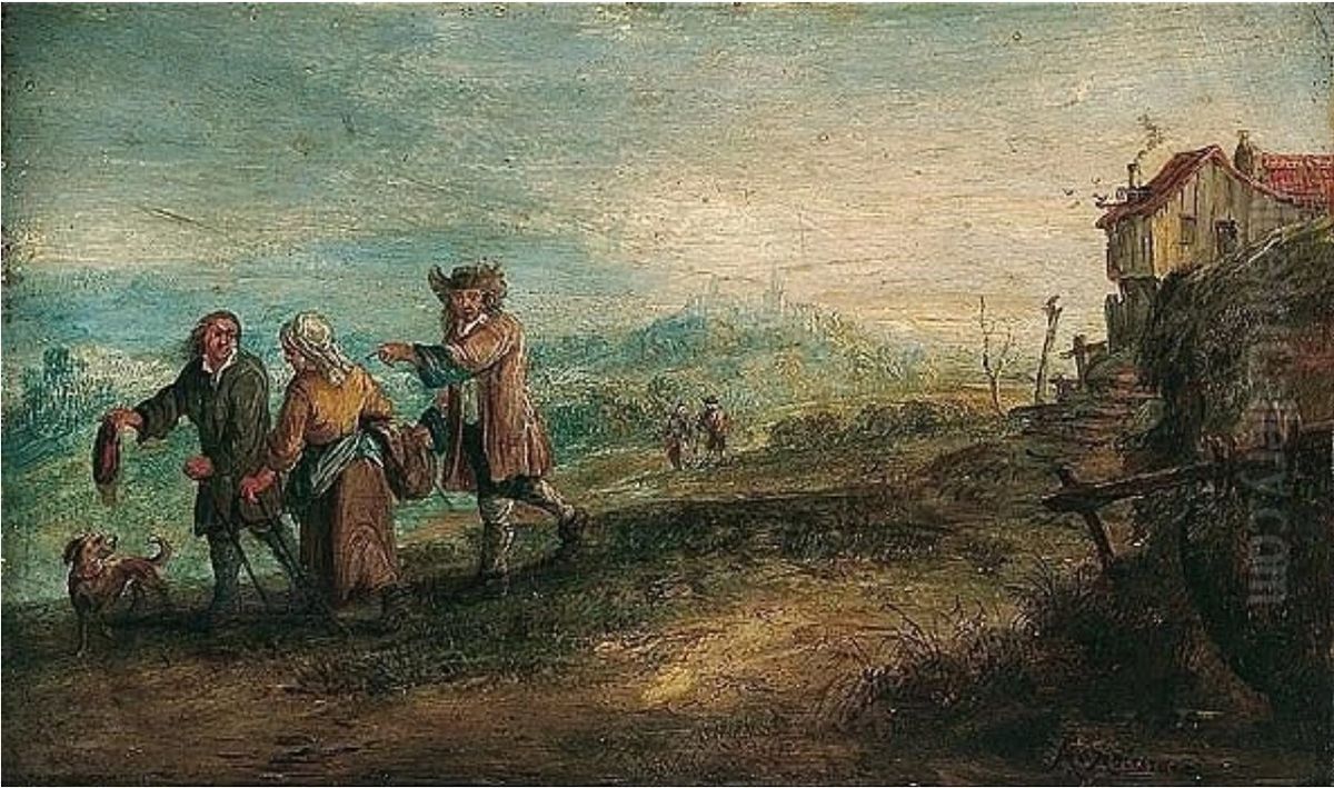 Mountainous river landscape with figures on a path Oil Painting by Andreas Martin