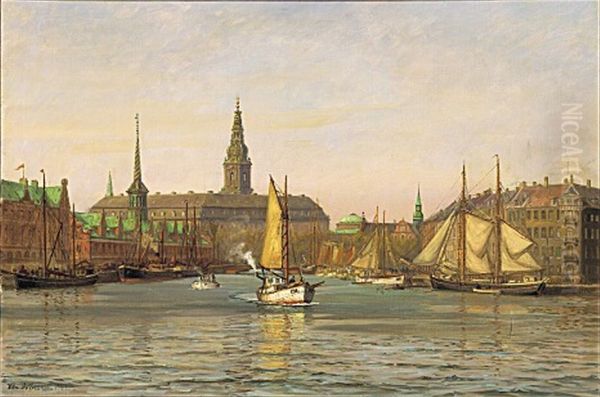 Parti fra Kobenhavn med udsigt mod Borsen og Christiansborg. Oil Painting by Vilhelm Arnesen