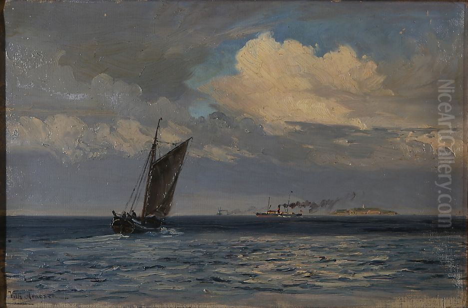 Ships off an island with a lighthouse. Oil Painting by Vilhelm Arnesen