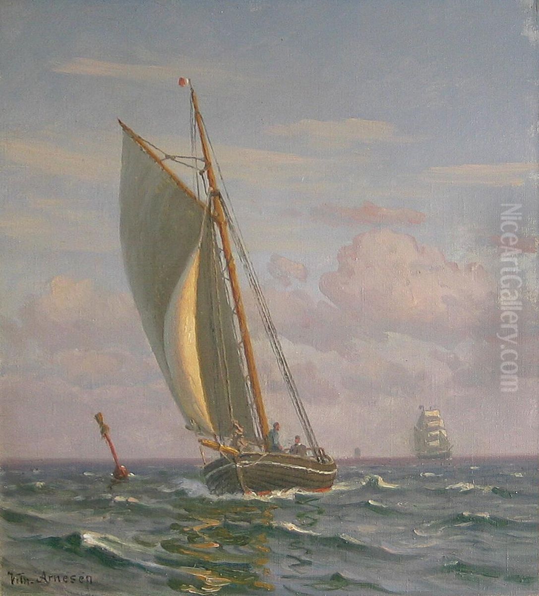 Marine med sejlskibe. Oil Painting by Vilhelm Arnesen