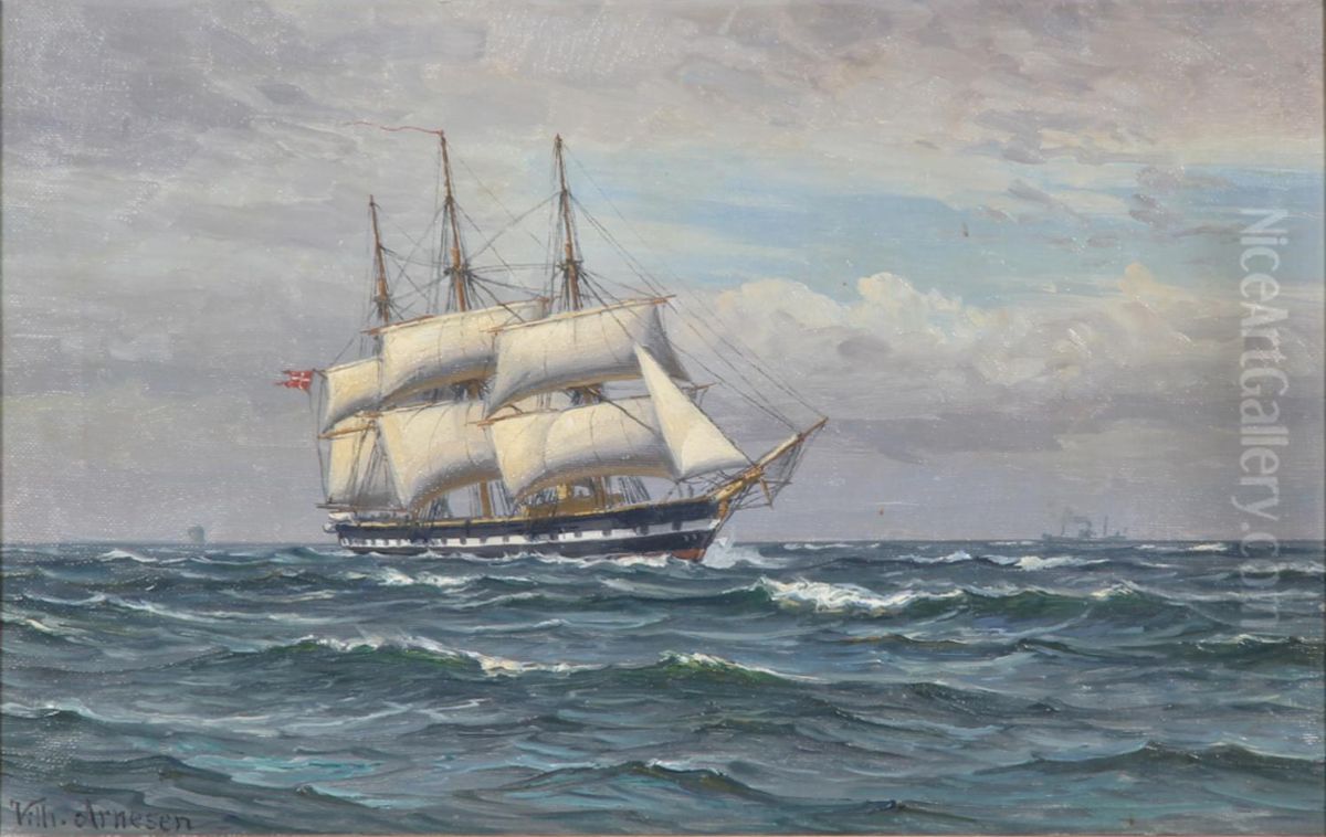 Marine med fregatten Jylland. Oil Painting by Vilhelm Arnesen