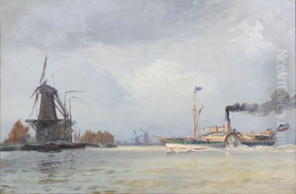 Hjuldamper ud for den hollandske kyst. Oil Painting by Vilhelm Arnesen
