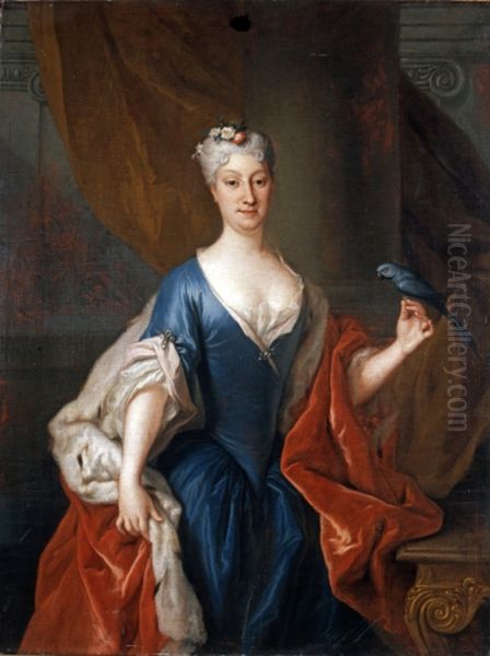 Portrait of Katarzyna Barbara Branicka nee Radziwill with a parrot. Oil Painting by Louis de Silvestre