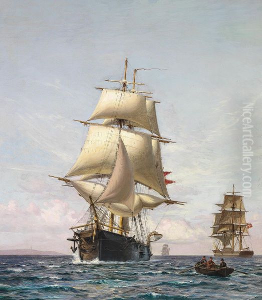 Three fully rigged ships and a dinghy off a coast. Oil Painting by Vilhelm Arnesen