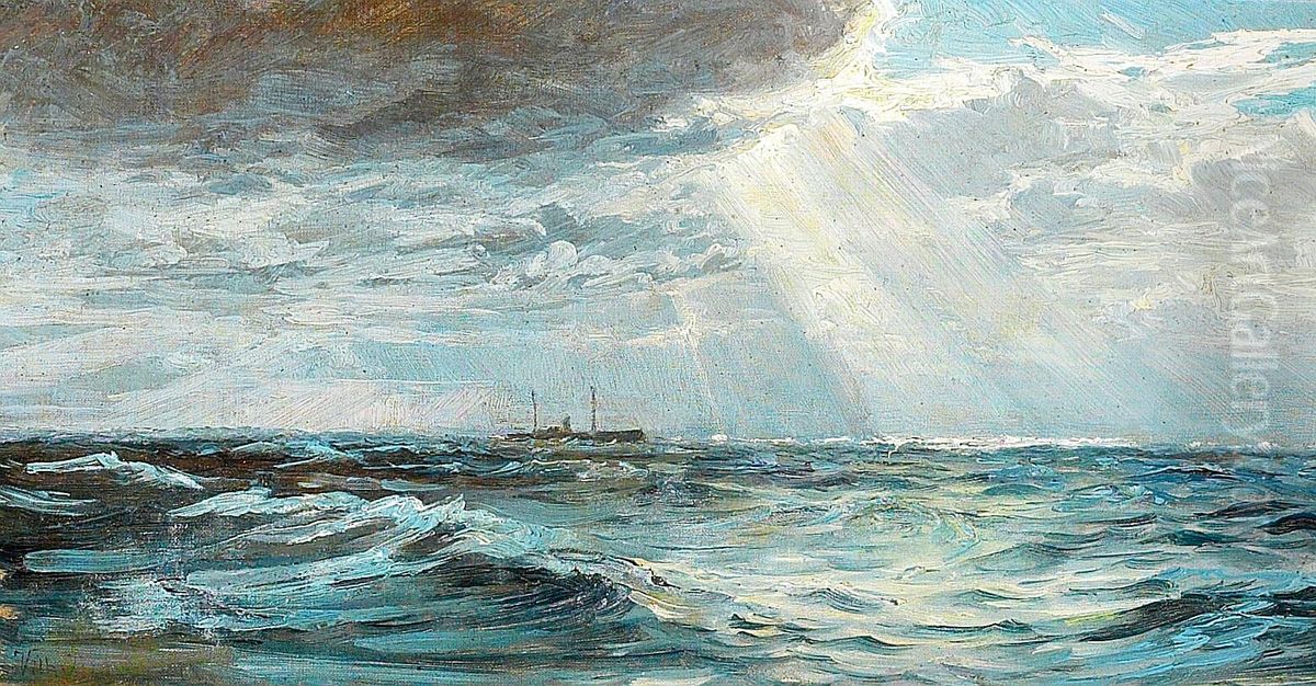 Skib pa oprort hav med opklaring i baggrunden. Oil Painting by Vilhelm Arnesen