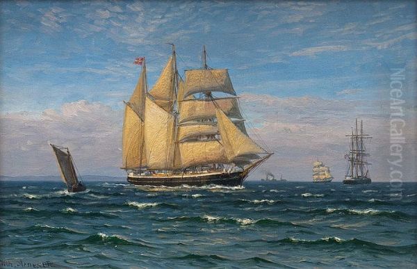 En barkentine og andre sejlskibe pa abent hav. Oil Painting by Vilhelm Arnesen