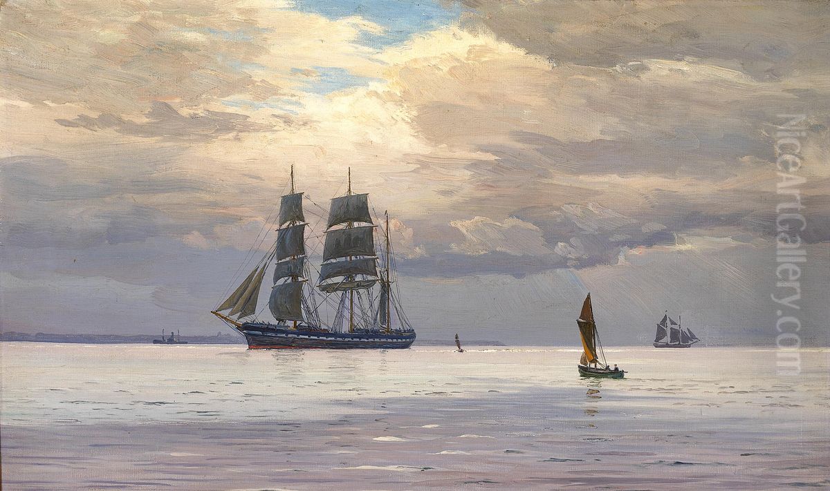 Sailing ships at sea on a grey day. Oil Painting by Vilhelm Arnesen