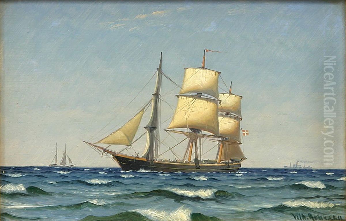 Marine med skibe. Oil Painting by Vilhelm Arnesen