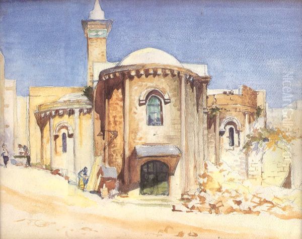 Beyrouth. Mosquee Al-Omari. Oil Painting by Moustafa Farroukh