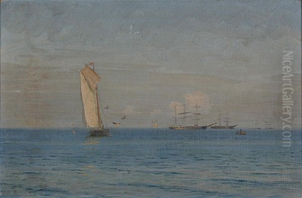 Sailing ships at sea. 28 x 43 cm. Oil Painting by Vilhelm Arnesen