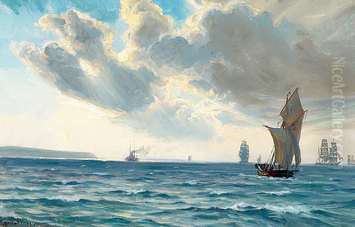 Marine med sejlskibe og damper. Oil Painting by Vilhelm Arnesen