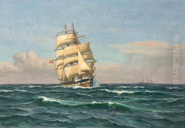 Sailing ships at sea. 70 x 100 cm. Oil Painting by Vilhelm Arnesen