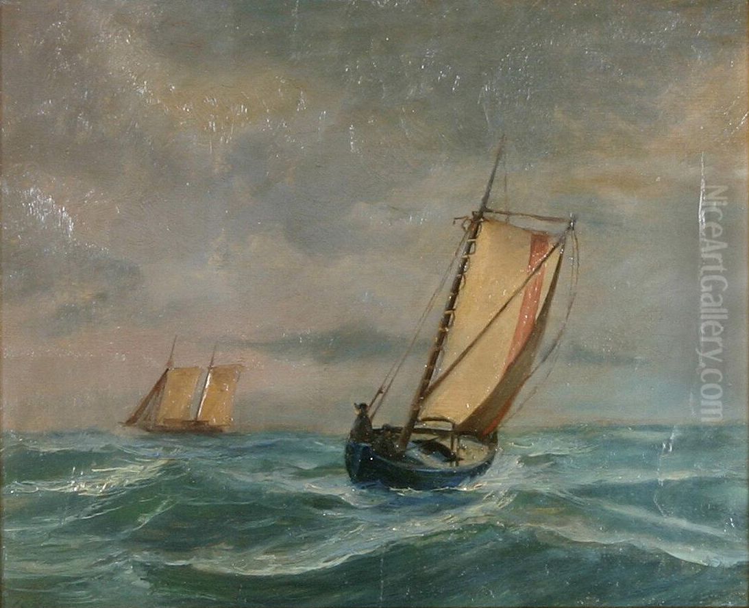 Marine med sejlskibe. 22 x 28 cm. Oil Painting by Vilhelm Arnesen