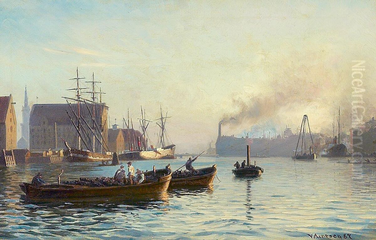 Evening in the port of Copenhagen with people and boats. Oil Painting by Vilhelm Arnesen