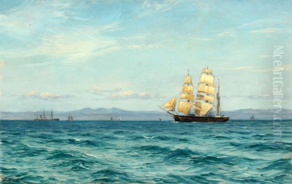 Marine med sejl- og dampskibe ud for kyst. Oil Painting by Vilhelm Arnesen
