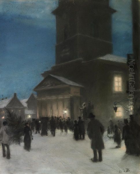 Christmas eve outside the Church of Our Lady (Vor Frue Kirke) in Copenhagen. Oil Painting by H. A. Brendekilde