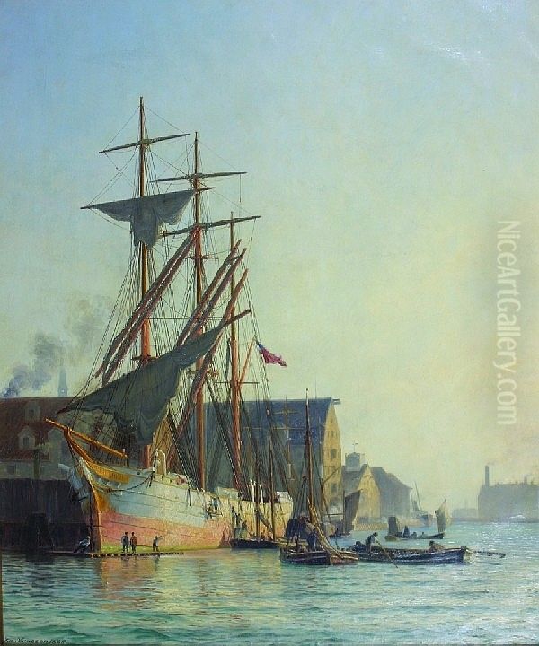 An American Ship in Copenhagen. Oil Painting by Vilhelm Arnesen
