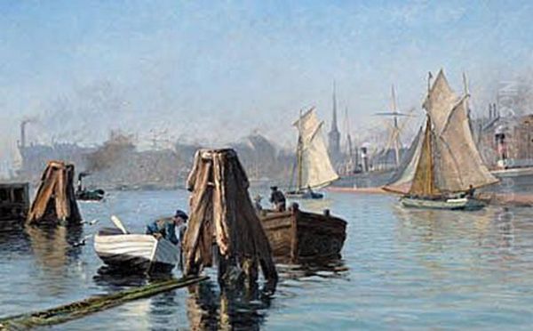View of the port of Copenhagen. Oil Painting by Vilhelm Arnesen