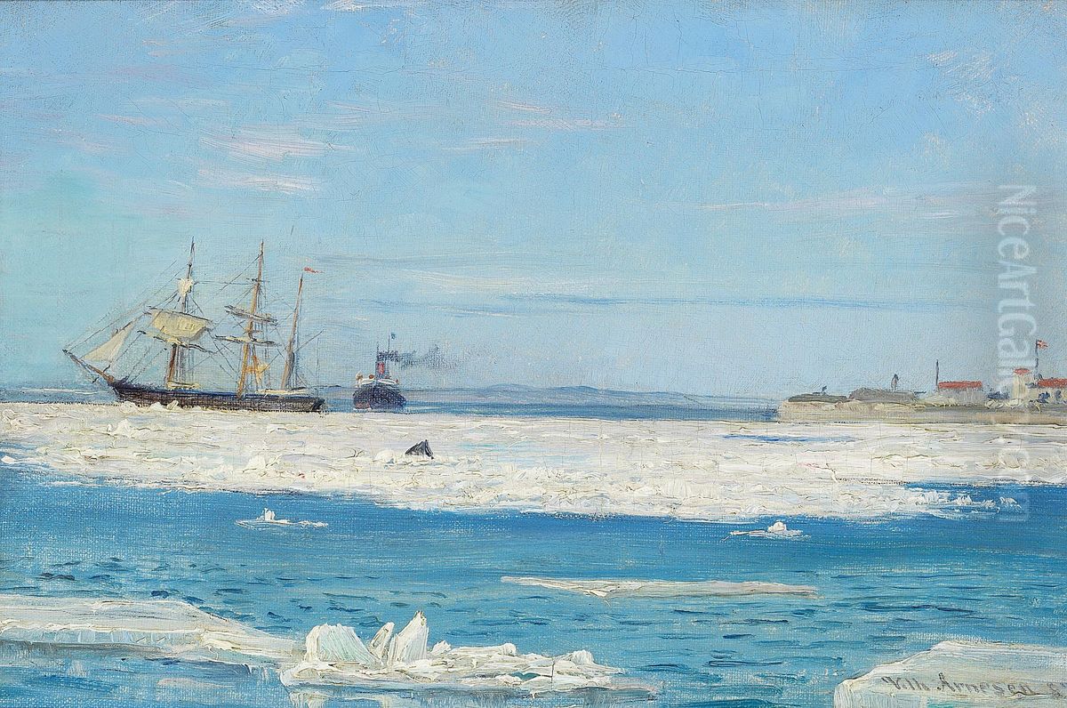 Skibe ud for kysten, vinter. Oil Painting by Vilhelm Arnesen