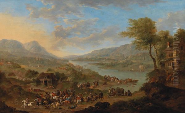 Cavalry skirmish near a river Oil Painting by Karel Breydel
