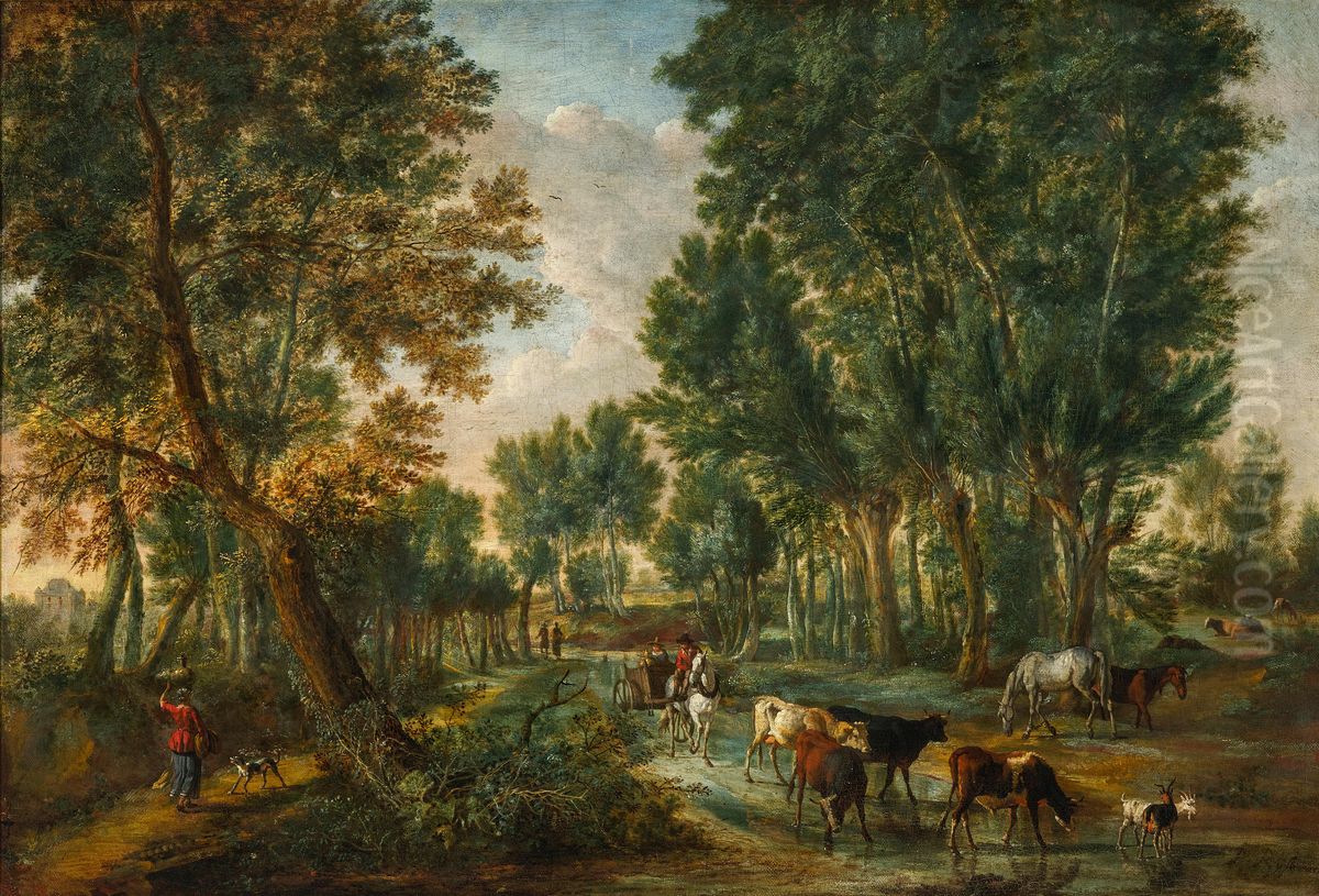 Wooded landscape with travelers and animals near a fording Oil Painting by Pieter Andreas Rijsbrack