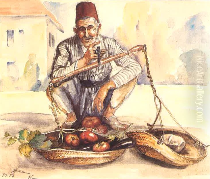 A Hawker in Beirut. Oil Painting by Moustafa Farroukh