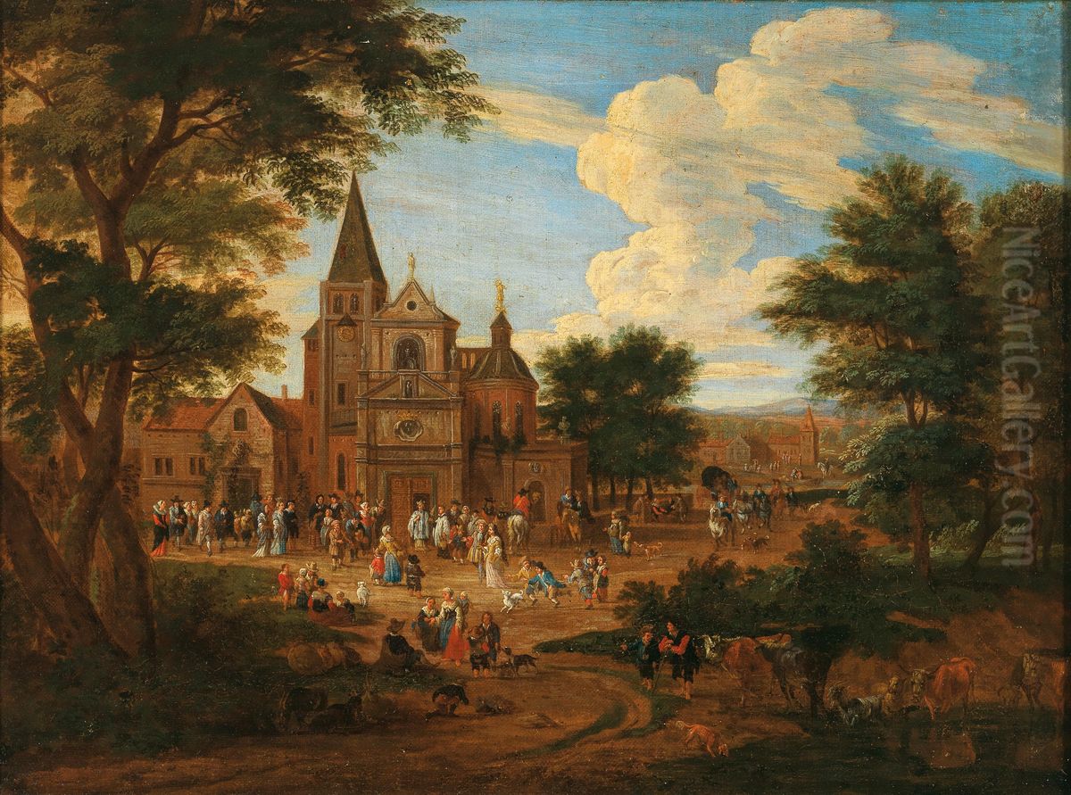 Busy market square in a town Oil Painting by Pieter Bout