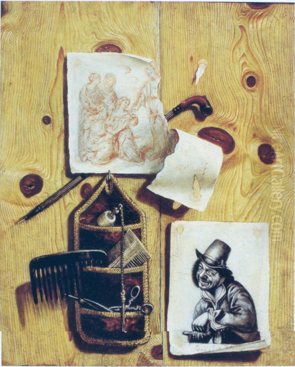 Trompe l'oeil of prints and other objects pinned to a wooden partition Oil Painting by Jacobus Plasschaert Trompe l'oeil of prints and other objects pinned to a wooden partition Oil Painting by Jacobus Plasschaert