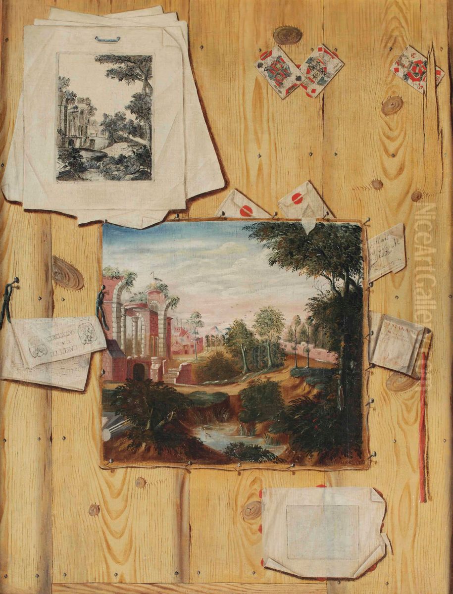 A 'trompe l'oeil' of a wooden panelling with a painted canvas of a landscape 'capriccio', a pile of prints with a repetition of the painted subject, an almanach, sealed letters and playing cards Oil Painting by Jacobus Plasschaert