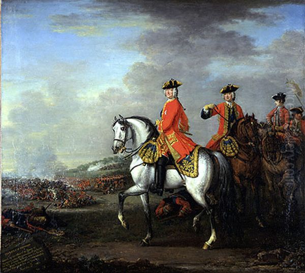 King George II at the Battle of Dettingen, with the Duke of Cumberland and Robert, 4th Earl of Holderness, 27 June 1743 Oil Painting by John Wootton