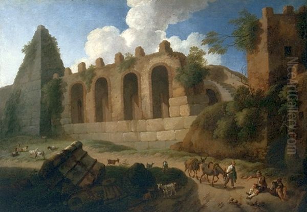 Italian landscape with Pyramid of Cestius and shepherds. Oil Painting by Christian Wilhelm Ernst Dietrich