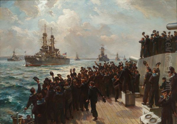 The Arrival of the American Fleet Off Scapa Flow, December 1917 Oil Painting by B. F. Gribble