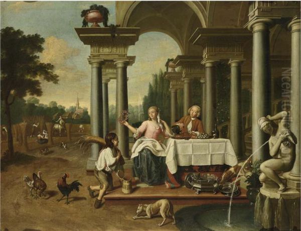 An elegant couple eating and drinking in a classical patio, a young boy offering the harvest, an allegory of summer Oil Painting by Peter Jacob Horemans