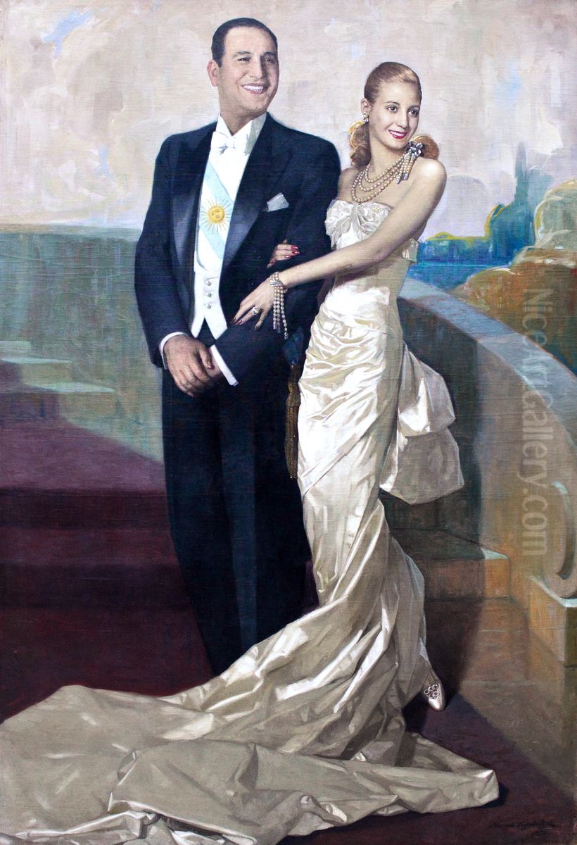 Portrait of General Juan Domingo Peron and his wife Maria Eva Duarte Oil Painting by Numa Ayrinhac